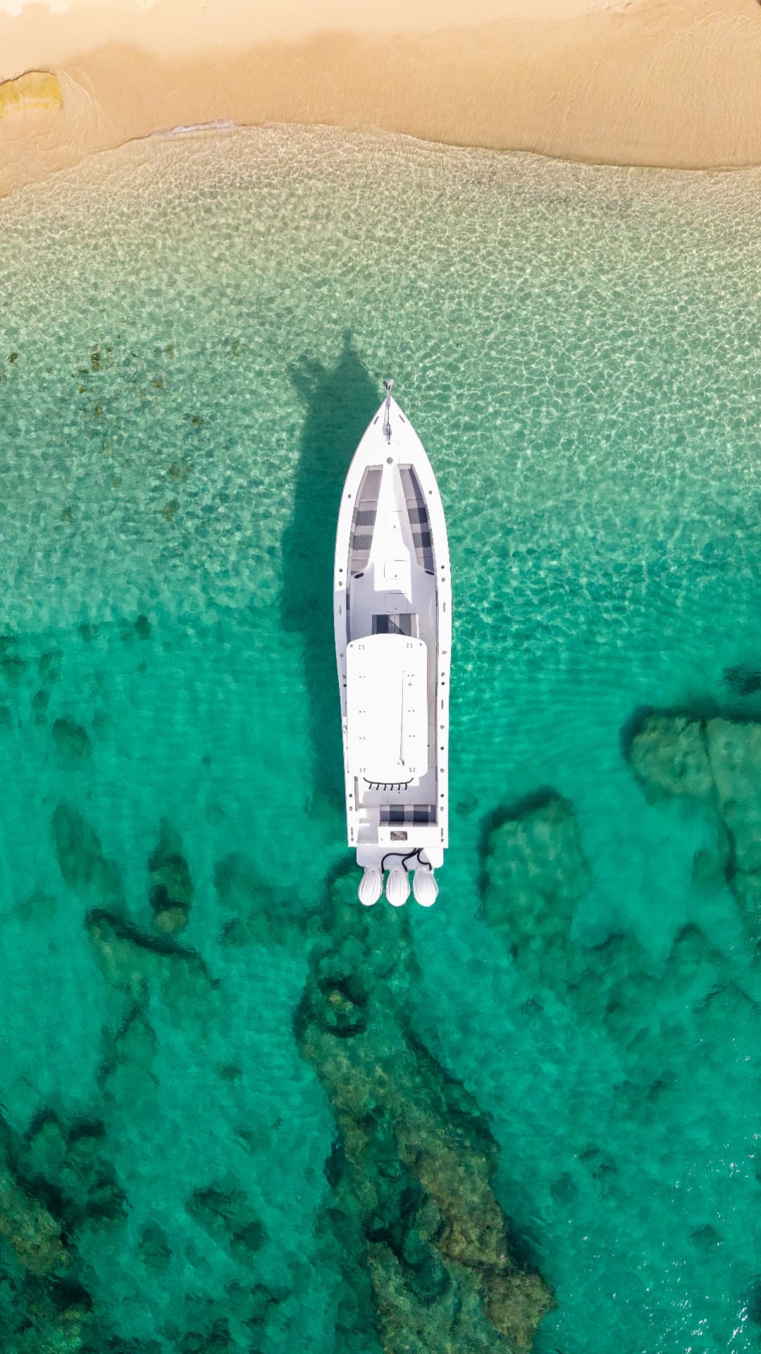 The Assassin — APEX Charters brand-new 2024 KSB 43 ft center-console anchored in clear turquoise water off a sandy beach