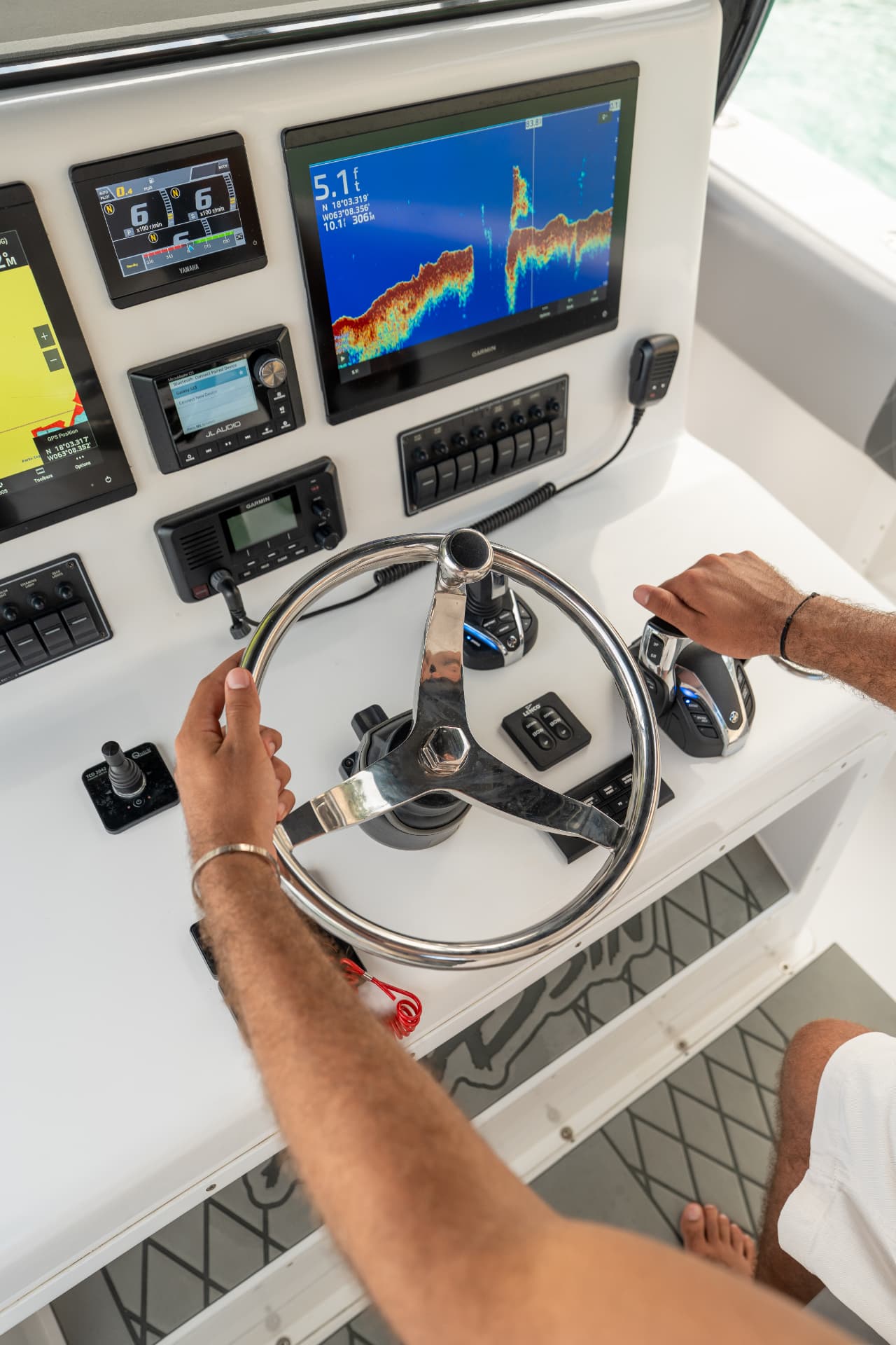 Garmin-equipped helm and controls of the KSB 43
